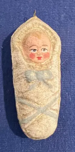 Fatschenkind,Papiermache, Weihnachtsbaumschmuck, 7 cm, Sammler, um 1900