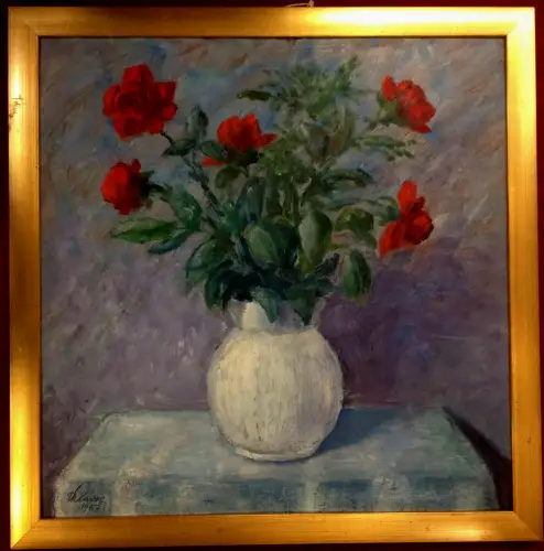 Ölgemälde Blumenstilleben, rote Rosen in weißer Vase, signiert, datiert 1967