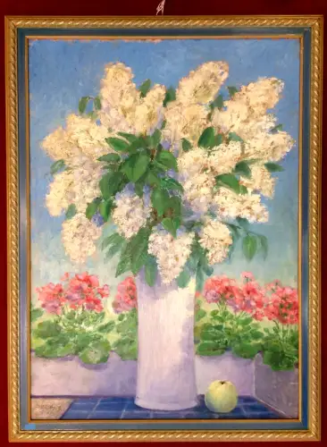 Ölgemälde Blumenstilleben, Strauß weißer Flieder in weißer Vase, signiert, 1967