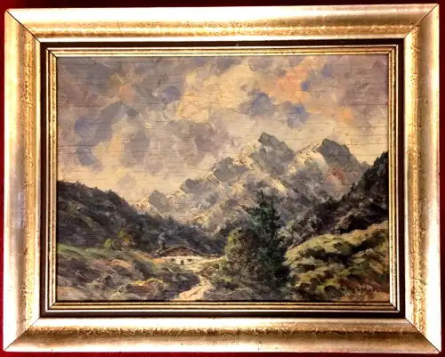 Ölgemälde Gebirgslandschaft mit kleiner Hütte, signiert, undatiert, gerahmt