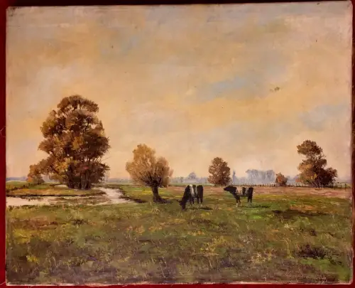 Ölgemälde Flußlandschaft mit Kühen, signiert, undatiert, ungerahmt