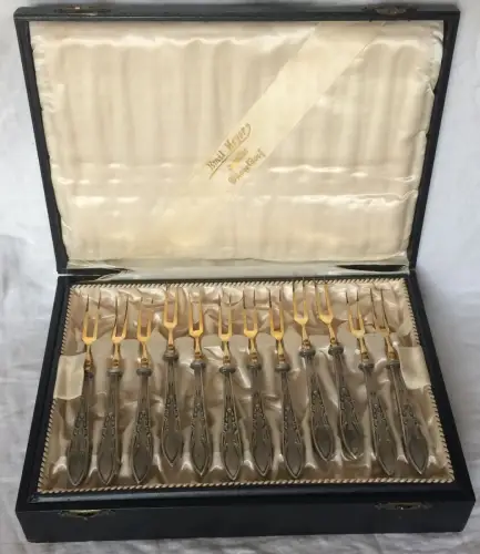 24-teilig. Obstbesteck, 12 kl. Messer und Gabeln, Juwelier Emil Meyer Düsseldorf