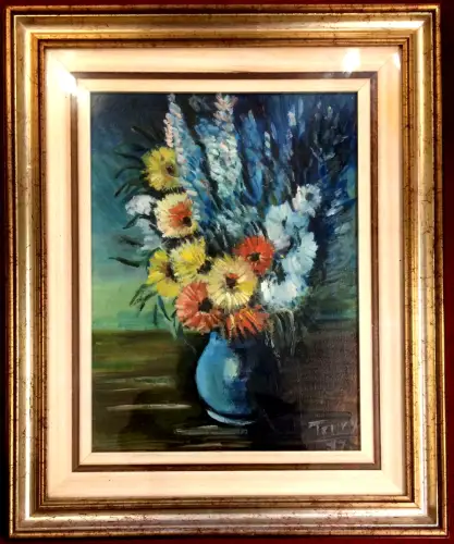 Ölgemälde Stilleben Blumenstrauß in blauer Vase, signiert „Terry“, datiert