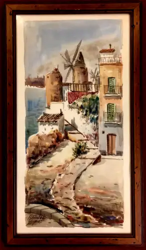 Aquarell Straßenszene mit Windmühle, signiert „Hidalgo“, gerahmt unter Glas