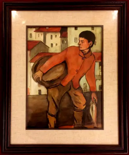 Ölgemälde Junger Mann mit Fisch, unsigniert, gerahmt, unter Glas