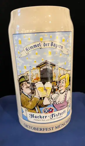 Bierkrug, 1 Liter, Steingut,  Hacker-Festzelt, Oktoberfest München, Herb