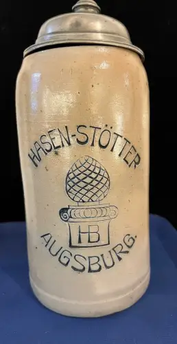 Bierkrug, 1 Liter, Zinndeckel,Steingut,Hasen-Stötter, Augsburg, S.Fotos, um 1900