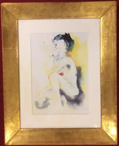 Aquarell Expressionistische Darstellung einer sitzenden Frau, signiert „Simo“