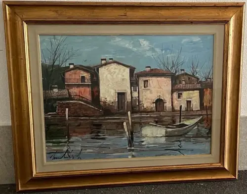 Gemälde,Öl auf Leinwand,Dorf am Meer,unleserlich signiert,106 x 86,5 cm m.Rahmen