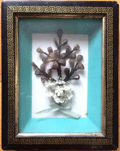 Kleines Haarbild, nicht signiert, gerahmt unter Glas, ca. 1900