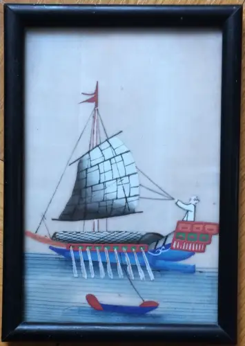 Kleines Boot, chinesische Miniaturmalerei auf Reispapier, nicht signiert gerahmt