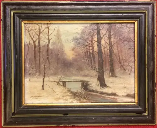 Ölbild Landschaft mit Brücke über einem Bach signiert „Jos. Uebelaker 1922“