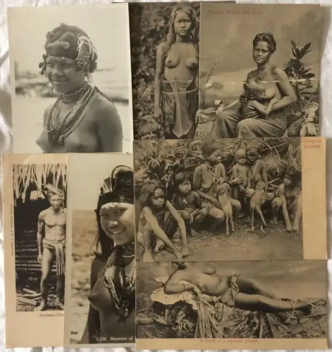 Sieben alte s/w Ansichtskarten ca. 1900 mit Darstellungen von Eingeborenen