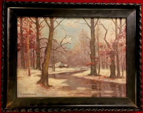 Ölgemälde Winterliche Waldlandschaft, signiert „H. Edelmann“, gerahmt