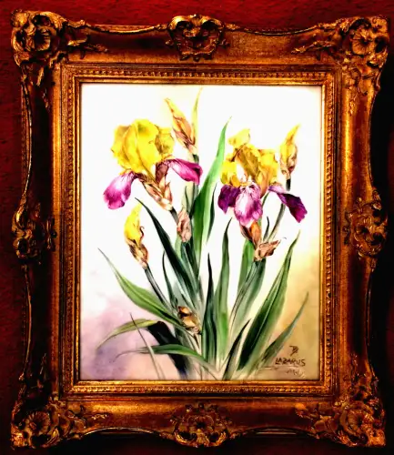 Porzellanmalerei Schwertlilien von Thomas Lazarus, gerahmt