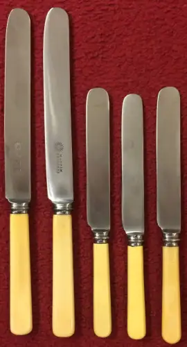 5 alte Messer aus Edelstahl mit Griffen aus Celluloid der Marke MAPPIN BROTHERS