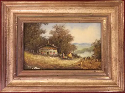 Ölgemälde Ländliche Szene mit Bauernhaus und Personengruppe, signiert, gerahmt