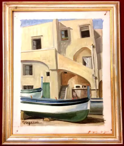 Ölgemälde Boot vor Haus im Stil mediterraner Architektur, signiert „G. Luparini"