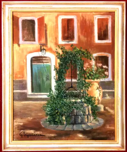 Ölgemälde Efeu-bewachsener Brunnen, signiert „G. Luparini"
