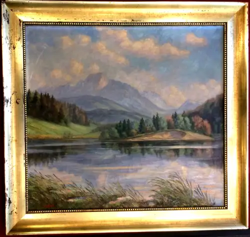 Ölgemälde Alpenlandschaft mit Gebirgssee, signiert „A. Kiby“, gerahmt