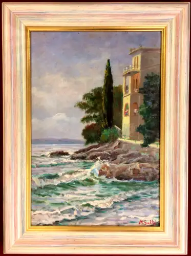 Ölgemälde Mediterrane Villa mit Zypresse an Seeufer, signiert, gerahmt