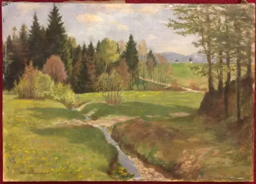 Ölgemälde Kleiner Bachlauf, Waldrand und Bergen im Hintergrund, signiert