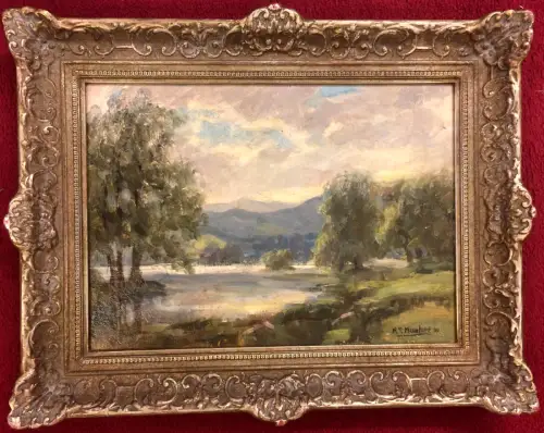 Ölgemälde Idyllische Fluss- oder Seenlandschaft mit Bäumen von R. T. Mumford