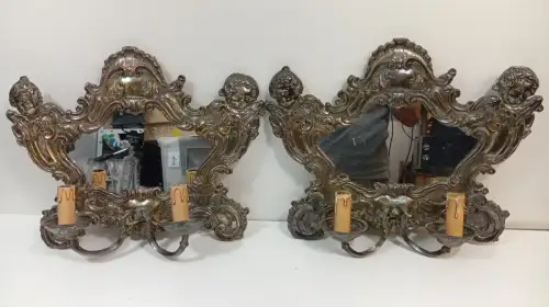 2 Wandlampen,sog.Plaquer mit Metalloklat und je zwei Armen und  Leuchtmitteln