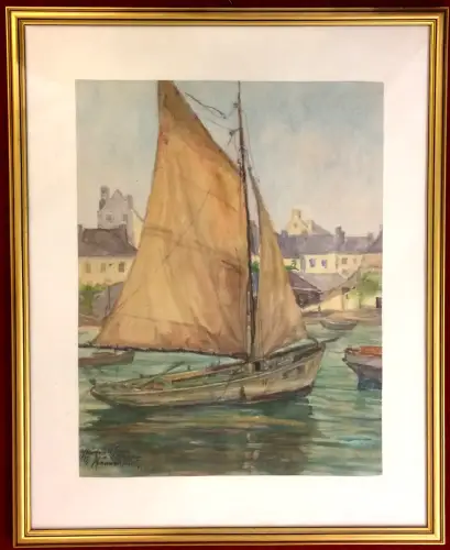 Aquarell Segelschiff von Rudolf Pfannenstiel, gerahmt unter Glas