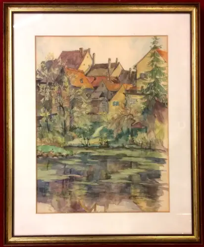 Aquarell Häusergruppe an Seeufer von Rudolf Pfannenstiel, gerahmt unter Glas
