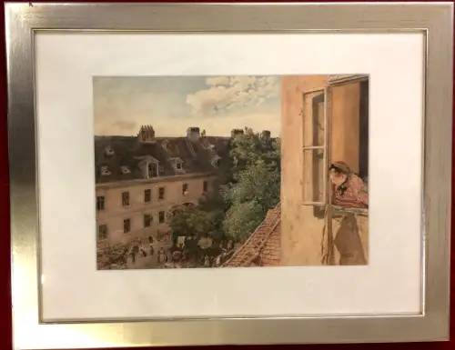 Farblithographie Rudolf von Alt: „Blick in die Alstervorstadt“, 1872, gerahmt