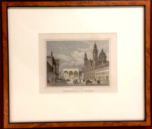 Colorierter Stahlstich „FELDHERRNHALLE IN MÜNCHEN“ von Karl Gunkel, um 1850