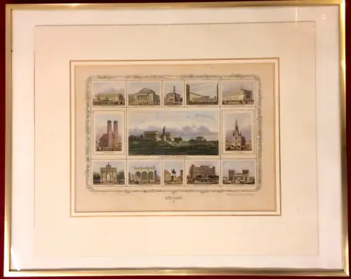 Colorierter Stahlstich 13 Ansichten v. München von Karl Gunkel, um 1850, gerahmt