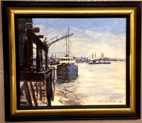 Ölgemälde „Blackwall Reach River Thames“ von Tim Keeler 1994, gerahmt