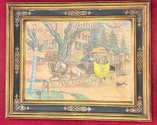 Aquarell, Kutsche, Postkutsche, sign.,  Albin Tippmann 1925, gerahmt, Glas