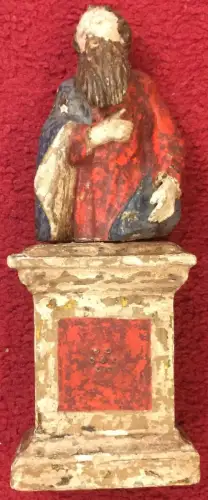 Holzgeschnitzte Heiligenfigur Evangelist Matthäus, farbig gefaßt 18. Jahrhundert