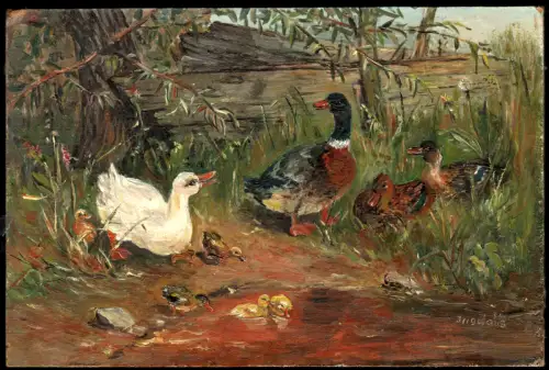 Kleines Ölgemälde Entenfamilie, signiert