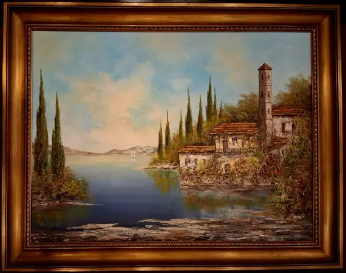 Ölgemälde Mediterrane Küstenlandschaft mit alten Gebäuden, signiert „Burghart“