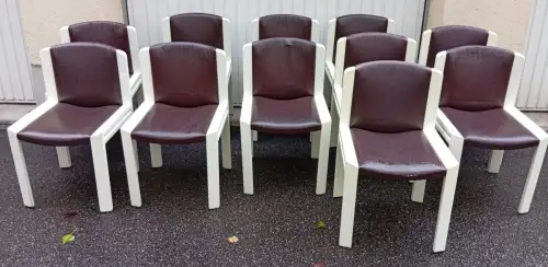 11 Stühle,Pozzi,Joe Colombo 300,braun,Sörensen Leder,gebraucht,Eichenholz weiss