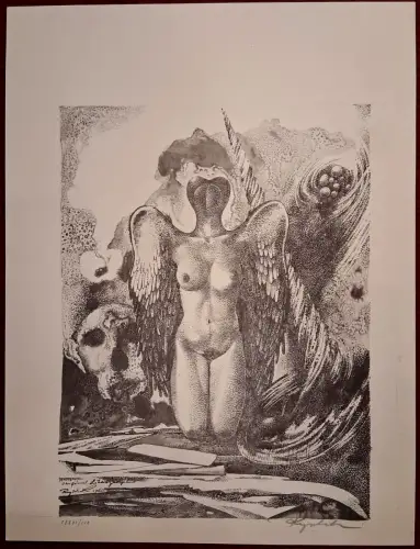 Lithographie „Kniender weiblicher Akt mit Flügeln“ von Kurt Regschek, 1966