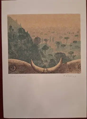 Farblinolschnitt „Toskanische Landschaft“ von Karl Rössing, signiert, 7971/10000