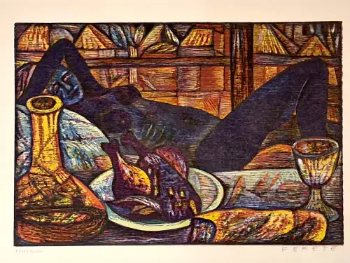 Farbholzschnitt in sechs Farben „La Poule“ von Esteban Fekete, signiert, 1975