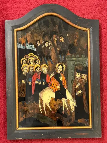 Hinterglasmalerei, Jesuseinzug in Jerusalem, gerahmt, 20. Jhdt, S. Beschreibung