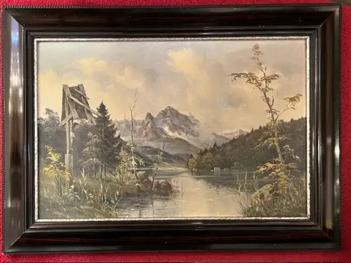 Ölgemälde auf Leinwand, sign. H. Schuler, Rießersee, Zugspitze,
