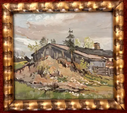 Kleines Ölbild Erdhügel mit Hütte, nicht signiert, gerahmt, unter Glas