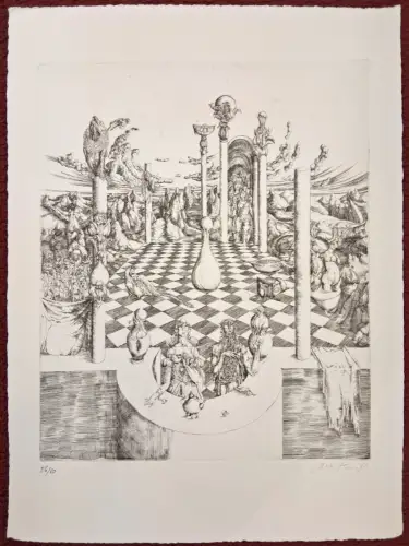 Radierung „Das Festmahl“ auf Japanpapier von Gisela Breitling, signiert, 1967