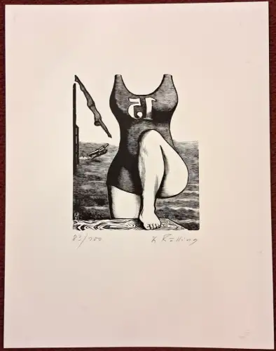 Holzschnitt „Die Schwimmstars“ von Karl Rössing, signiert, 1931, 83/100