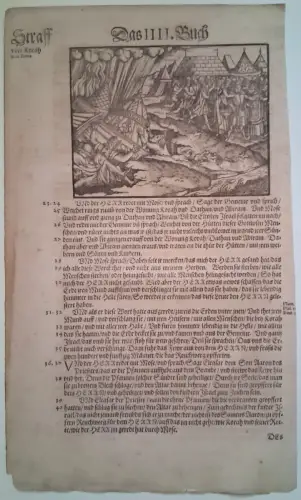 Holzschnitt auf Buchseite einer Bibel aus dem 16. Jahrhundert