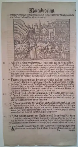 Holzschnitt auf Buchseite einer Bibel aus dem 16. Jahrhundert