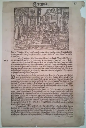 Holzschnitt auf Buchseite einer Bibel aus dem 16. Jahrhundert